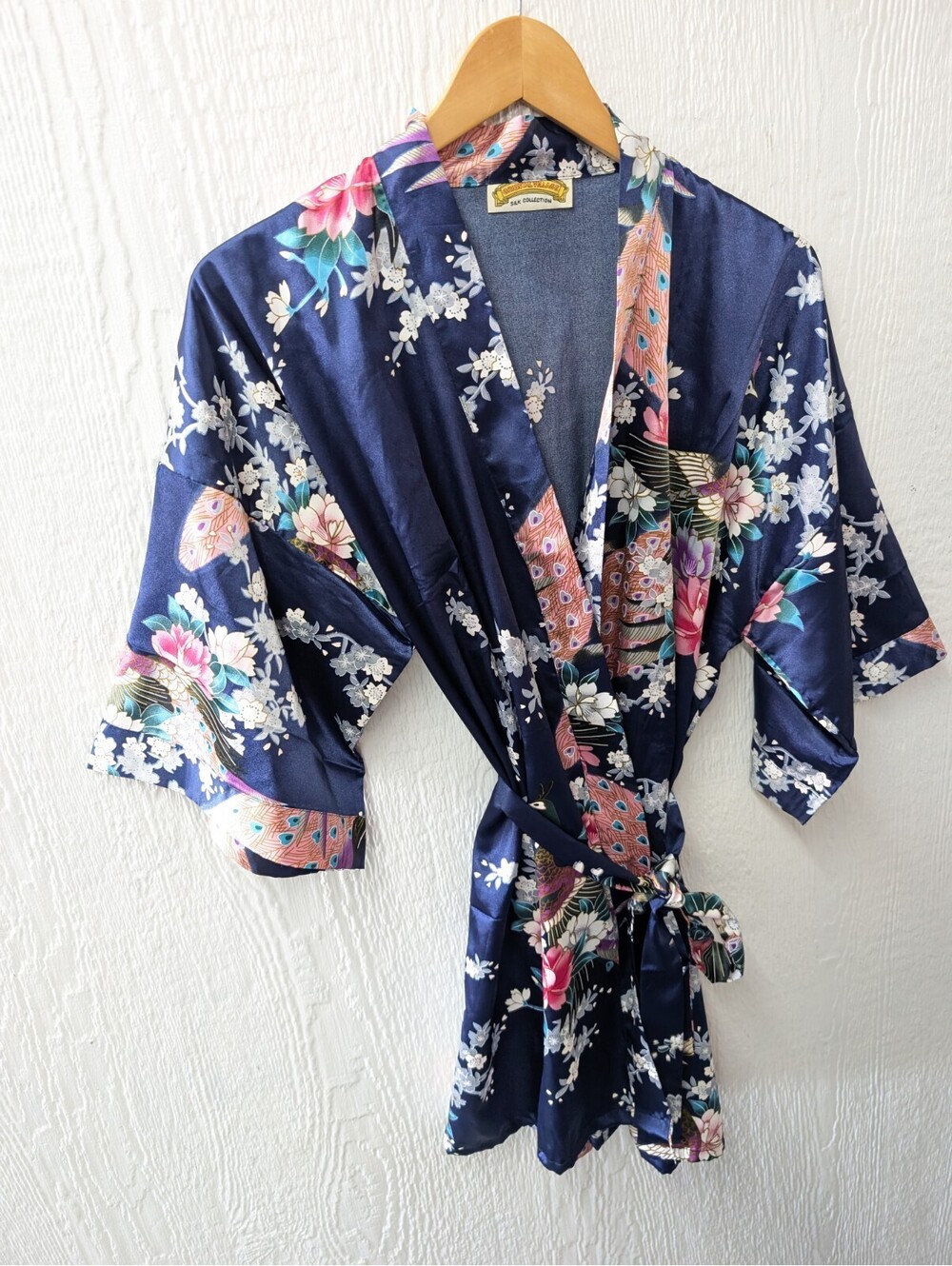 Oriental Village Silk Collection Peacock Blue Soft Silk Robe Kimono One Size - Picture 2 of 7
